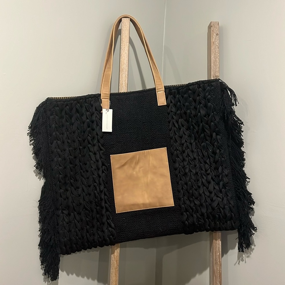 Anthropologie Knit Fringe Tote Bag